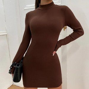 SHEIN XL Brown MockNeck Rib-knit Bodycon Dress